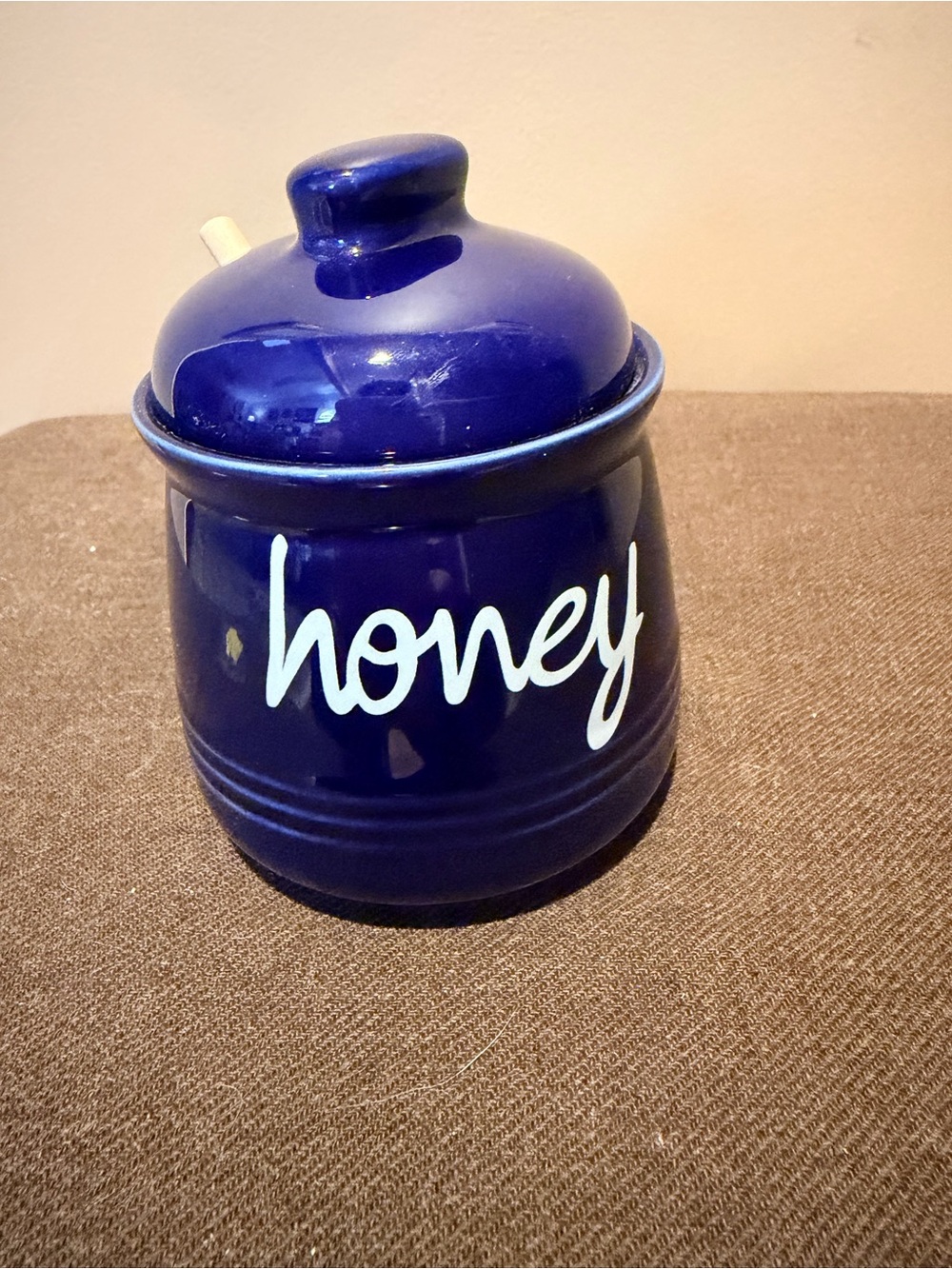 Blue Ceramic Honey Jar with Lid and Dipper